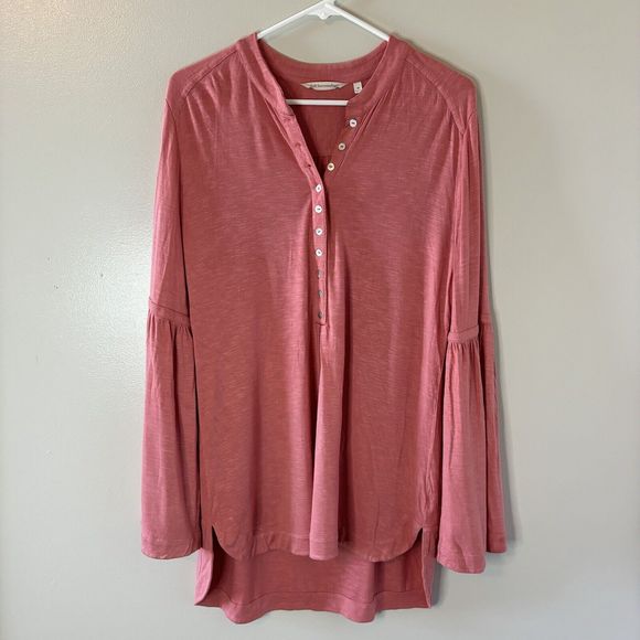 Soft Surroundings Orange Coral Tunic Top Bell Sleeves Button Front Shirt… - Picture 1 of 7